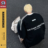 楠笙記男生短袖三條杠條紋潮牌寬松學(xué)生半袖t恤夏天美式痞帥重磅純棉 黑色 M