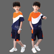 邁兜熊童裝男童夏裝套裝新款夏季休閑兒童節(jié)禮物運(yùn)動短袖t恤工裝兩件套 桔色 120 建議身高105-115cm