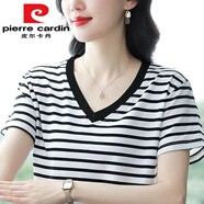 皮爾卡丹（pierre cardin）C棉短袖t恤女2025夏季新款寬松條紋V領(lǐng)顯瘦上衣大尺碼半 825 白色+黑領(lǐng)時(shí)尚設(shè)計(jì)今年流行 M 建議90-105斤