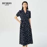 深呼吸DEEP BREATH女裝碎花洋裝泡泡袖系帶連衣裙【附腰帶】8500149 藏藍(lán) S (2碼)