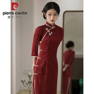 皮爾卡丹紅色旗袍敬酒服新娘結(jié)婚新中式婚服年輕款女小個(gè)子訂婚禮服連衣裙 景楓染-旗袍【七分袖】 S
