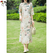 啄木鳥(niǎo)苧麻立領(lǐng)改良旗袍高端印花棉麻連衣裙 圖片色 L (建議100-120斤 高品質(zhì))