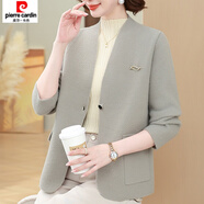 皮爾卡丹（pierre cardin）婚禮媽媽裝秋裝洋氣針織小西裝新款水晶絨時(shí)尚毛衣外套純色 灰色 M 【建議90-105斤】