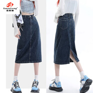 范哲狼牛仔半身裙女a(chǎn)字裙2025春夏韓版高腰顯瘦修身中長(cháng)款開(kāi)叉牛仔裙子 藍灰色【后開(kāi)叉】 L