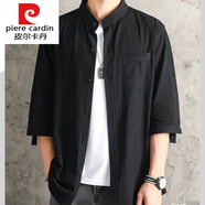 皮爾卡丹（pierre cardin）夏季新款純色棉麻襯衣男白色柔軟男士七分袖亞麻襯衫寬松薄針織 七分袖(黑色) 5XL