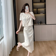 蕭遇（XIAOYU）2025夏季新款名媛淑女杏色繡花玉石扣遮肉顯瘦長款兩件套裝裙 杏色兩件套 M