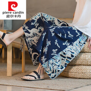 皮爾卡丹（pierre cardin）大象沙灘短褲男夏季薄款仿亞麻七分褲寬松胖子古風(fēng)漢服裙褲針織 藏青龍紋 M 95-115斤