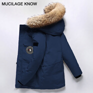 MUCILAGEKNOW情侶極寒中長款羽絨服男女大毛領潮流鵝保暖外套男戶外工裝派克服 藏青色-男款 2XL （建議160-170斤）