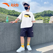 安踏男童運動(dòng)套裝夏裝冰絲速干短袖短褲兩件套T恤五分褲兒童衣服 白T藍褲 160