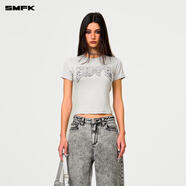 SMFK金屬搖滾修身Tee短袖t恤歐美字母印花短款上衣女DT010B2/W2/LG2 塵?；?XS