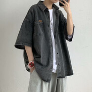 楠子漢刺繡牛仔七分袖襯衫男港風(fēng)夏季潮流寬松襯衣感休閑外套痞帥上衣 黑灰色 3XL