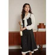 獨束[長(cháng)短款]大碼女裝復古假兩件拼接連衣裙春季微胖mm高腰顯瘦A字裙 黑色-短款 M