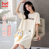 貓人（MiiOW）【防螨抗菌純棉】女士睡裙睡衣女可愛(ài)貓人印花家居服米色XL