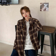 Jret小眾春秋新款原宿風(fēng)格子襯衫女韓版寬松百搭顯瘦磨毛長(cháng)袖上衣外套 棕色 M [建議100斤以?xún)萞