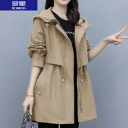 羅蒙（ROMON）女裝卡其色風衣外套女中長款2025春秋時尚休閑小個子連帽工裝大衣 卡其色 L