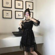 GUOCILRN2025春夏季星星亮片仙女裙網(wǎng)紗喇叭袖高腰系帶寬松仙女蓬蓬連衣裙 802黑色 L (105-120斤)