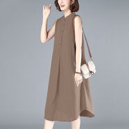 賢語(yǔ)棉麻連衣裙女媽媽純色氣質(zhì)裙子夏季2025新款韓版寬松顯瘦百搭遮肚 卡其色 2XL 建議125-135