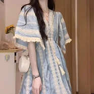 元蓓盈大碼法式民族風連衣裙女裝寬松顯瘦度假海灘長款短 藍色 XL 建議110-145斤
