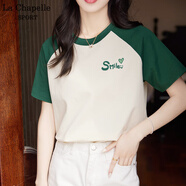 La Chapelle Sport拉夏貝爾拼色插肩短袖t恤女夏季潮流休閑寬松時尚純棉打底衫上衣 綠色(好心情胸標(biāo)) M /160（推薦100-115斤）