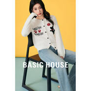 Basic House/百家好卡通小狗提花開衫外套新款減齡綿羊毛短款毛衣 米白色 XL