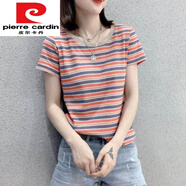 皮爾卡丹（pierre cardin）歐洲站2024夏季新款彩色條紋圓領(lǐng)短袖T恤女韓版拼色寬松針織上衣 桔色 S