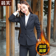 晨芙小西裝外套女兩?？勐殬I(yè)西服套裝商務(wù)面試正裝氣質(zhì)銀行工裝工作服 (加絨款)黑色西裝單件 S 建議80-90斤