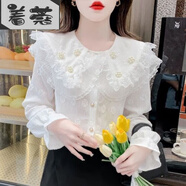 著蔻秋冬打底衫女毛衣釘珠娃娃領(lǐng)雪紡蕾絲襯衫女秋季2024新款設(shè)計感小 白色[常規(guī)] S建議80--95斤