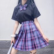 瑟空（SEKONG）2025夏新款日系短袖jk制服女學(xué)院風(fēng)格子百褶裙學(xué)生水手服套裝YXQ 電競少女【純黑襯衫+格裙+領(lǐng)結】大禮包 XS