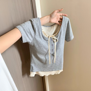 衣然呈品小香風(fēng)假兩件正肩短袖t恤女春夏小個(gè)子設計感小眾百搭顯瘦上衣女 灰色 M 【建議90-110斤】