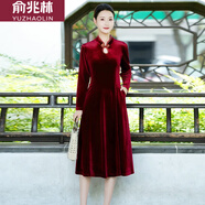 俞兆林春秋旗袍新款金絲絨連衣裙中老年長(cháng)袖連衣裙純色壓花長(cháng)款裙子 紅色[純色] [2221] 3XL 建議105-132斤