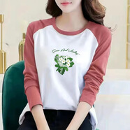 蘇檸檸長(cháng)袖t恤女2025春秋裝新款寬松顯瘦拼接撞色印花上衣打底衫圓領(lǐng) 玫紅色（綠花朵） XL 建議110-120斤