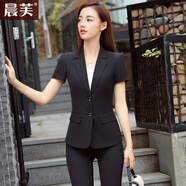 晨芙短袖職業(yè)西裝外套女夏氣質(zhì)面試正裝兩扣西服套裝女商務(wù)酒店工作服 黑色西裝單件 L 建議100-110斤