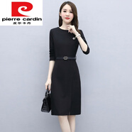 皮爾卡丹（pierre cardin）職業(yè)女裝春秋新款圓領(lǐng)長袖條紋連衣裙氣質(zhì)修身中長款秋冬打底裙子 黑色 L