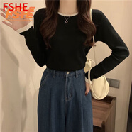 FSHE正肩長(cháng)袖t恤女春秋薄款休閑撞色打底衫百搭修身顯瘦內搭上衣女潮 黑色 [春秋薄款] M 建議[105斤內]