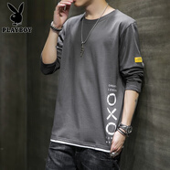 花花公子（PLAYBOY）純棉長(cháng)袖T恤男士衛衣春秋季薄款假兩件潮流體恤上衣服打底衫男裝 02深灰 XL