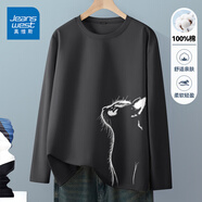 真維斯（Jeanswest）長(cháng)袖t恤男2025春季上衣新中式國潮寬松純棉內搭打底衫加大碼體恤 深灰色(大仰望貓左下標) M (170) (30天質(zhì)量問(wèn)題全額退)