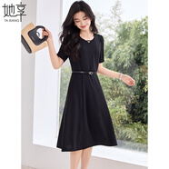 她享減齡赫本風(fēng)小黑裙女氣質(zhì)短袖連衣裙可拆腰帶顯瘦中長(zhǎng)裙子 T52Q026