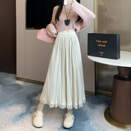 朵弦 DUOXUAN溫柔風(fēng)花邊拼接半身裙春秋2025新款胖mm高腰顯瘦大擺中長(cháng)款裙子女 杏色 L  建議106-120斤