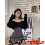 沐悠羽兩件套裝2024秋冬純欲風(fēng)辣妹吊帶連衣裙款女開(kāi)叉包臀裙+黑色罩衫 黑色上衣+灰色連衣裙 S