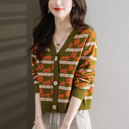 歌米拉（Gemila）針織開(kāi)衫女短款春秋高腰寬松提花新款V領(lǐng)條紋百搭毛衣外套 芥末綠 XL