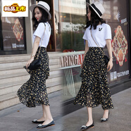 初徑雪紡裙2025春夏新款碎花半身裙高腰顯瘦不規則荷葉邊a字魚(yú)尾長(cháng)裙 黑色 XS