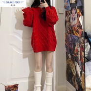 壹源港紅色慵懶風(fēng)麻花毛衣女春夏季2025新款小個子外穿中長款針織衫 紅色 M 建議95-110斤