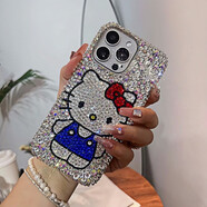 桐汝壁新款蘋果17promax手機殼純手工貼鉆適用iPhone16pro15蘋果14手機殼定做KT貓水鉆17air套 高定滿鉆藍色KT貓 iPhone16