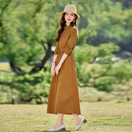 HERAGAIA復古100%純棉連衣裙女2025春秋季新款修身顯瘦氣質(zhì)全棉舒適純色 姜黃色 122663 M