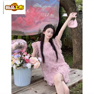 初徑別致性感圓領(lǐng)套頭休閑仙女連衣裙夏季高腰設計感流蘇背心a字短裙 粉色 L