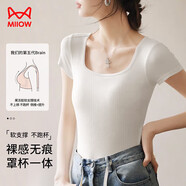 貓人（MiiOW）帶胸墊女士T恤短袖女方領(lǐng)免穿文胸短款露臍內搭無(wú)尺碼上衣 白色