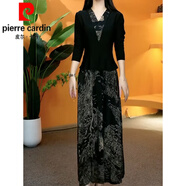 皮爾卡丹（pierre cardin）早春新款彈力絲緞拼接假兩件氣質(zhì)連衣裙氣質(zhì)媽l媽裝領(lǐng)中長(cháng)款裙子 黑色 2XL (建議106-120斤)