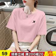 特步t恤女重磅純棉短袖夏季新款透氣吸汗休閑上衣寬松T半袖女運動(dòng)服飾 月桂粉-純棉 XL/180
