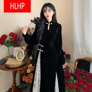 HLHP大號(hào)女裝新中式改良旗袍長裙春季壯mm氣質(zhì)顯瘦黑色絲絨禮服連衣裙 黑色(版)【初戀/收腰/清純/茶歇 M 【80-100斤】