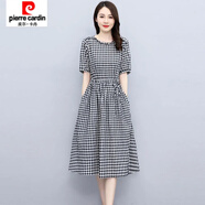 皮爾卡丹（pierre cardin）復古夏季新款格子連衣裙女大碼短袖減齡文藝格子裙抽繩收腰中長(cháng)裙 黑色 建議100-115斤 L